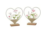 Herz mit Blumen auf Holz-Sockel 15x16cm 2sort. aus Metall gefertigt und handbemalt