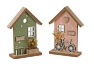 Deko-Haus mit Blume 15x20cm aus Holz in grün + rosa sort., handbemalt