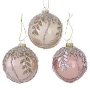Christmas ball Lumas, 3 ass., Single-colour, Floral, Beige, Champagne, Light rose, Glitter, Pearlize