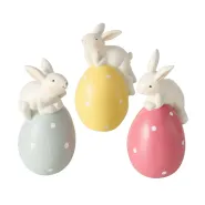 Figurine Freddie, 3 ass., Rabbit, Egg, H 12 cm, Polyresin, Dark rose, Green, White, Yellow polyresin
