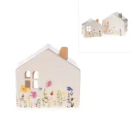 dolomite candle holder, house, white w/flowers, approx. 10,5 x 7,5 x 9,8 cm H