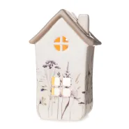 dolomite candle holder, house, white/brown, approx. 8,5 x 7 x 14 cm h, w/shrub printing