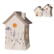 dolomite candle holder, house, white/beige, approx. 9 x 7,5 x 13 cm h, w/shrub printing