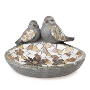 bird bath, w/flower mosaic, cream/green/ochre, magnesia, approx. 31 x 27 x 18 cm h