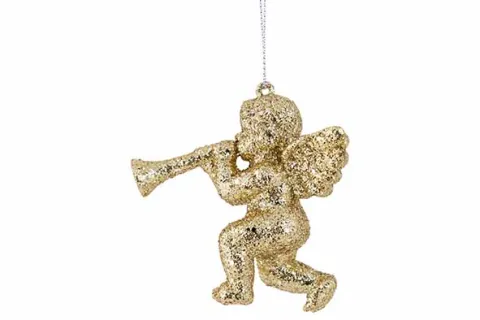 HANGER ENGEL TRUMPET GLITTER GOUD 8X4X8CM KUNSTSTOF