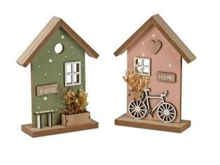 Deko-Haus mit Blume 15x20cm aus Holz in grün + rosa sort., handbemalt