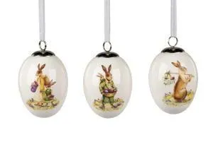 Deko-Ei hängend 8cm mit Hasen-Motiv 3sort. aus glasiertem Steingut mit Lithografie-Dekor verziert