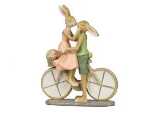 Hasenpaar auf Fahrrad 18x23cm aus Kunststein gefertigt und handbemalt