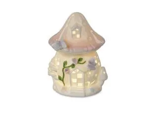 Porzellan-Haus pastellfarben 12x16cm mit LED-Licht + Timer mit glasierter, handbemalter Oberfläche,