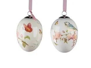 Deko-Ei hängend 8cm 2sort. aus weiss-glasiertem Steingut mit Lithografie-Dekor verziert