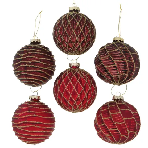 Christmas ball Milton, 6 ass., Counter display, D 8,00 cm, Glass laquered, Dark red, Gold, Red glass