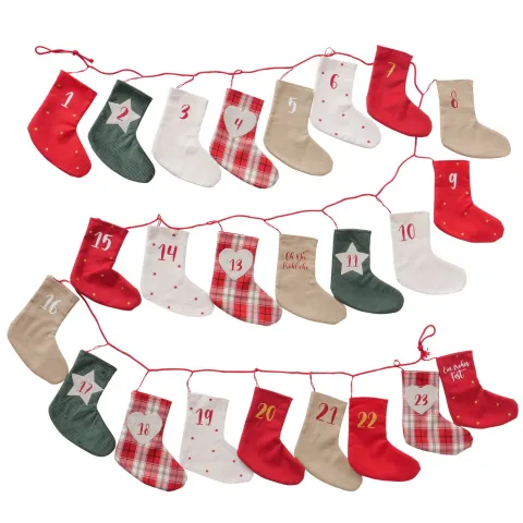 Advent calendar Carolly, H 20,00 cm, Cotton, Linen, Polyester, No, Beige, Green, Off-white, Red mixe
