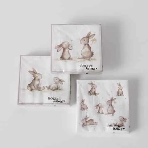 Napkins Knuffi, 20 p., 3 ass., Multi-coloured, Motif, Rabbit, Floral, Flower, Light brown, White, Pa