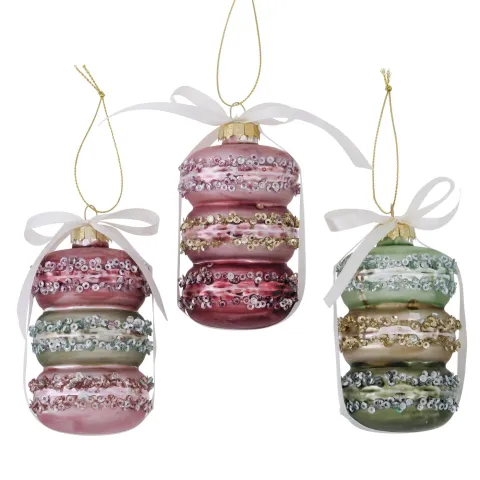 Christmas pendant Macaron, 3 ass., Macaron, H 10,00 cm, D 5,00 cm, Glitter, Mat, Shiny glass laquere
