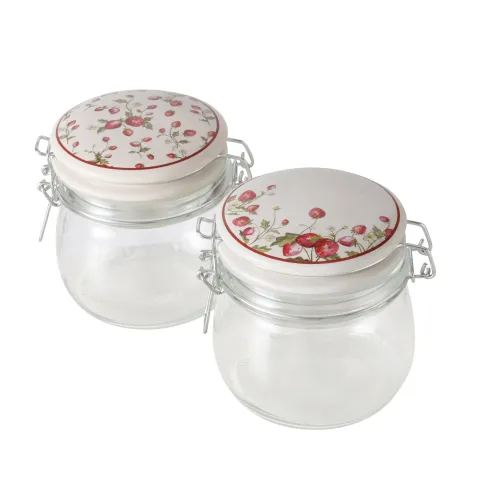 Storage jar Emily, 2 ass., 450 ml, H 11 cm, D 11 cm, Clear glass, Porcelain mixed materials colour-m