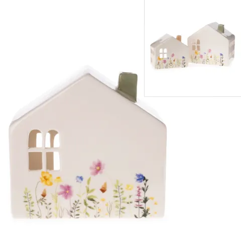 dolomite candle holder, house, white w/flowers, approx. 14 x 9 x 13 cm H