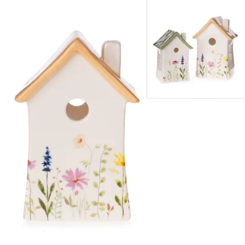 dolomite candle holder, house, white w/flowers, approx. 11 x 10 x 16 cm H