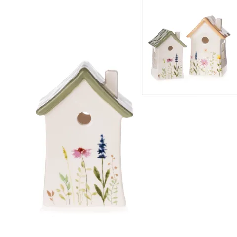 dolomite candle holder, house, white w/flowers, approx. 9 x 8 x 13 cm H