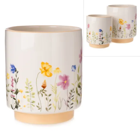 dolomite planter, white w/flowers, approx. 13 x 15 cm H