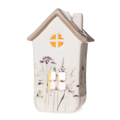 dolomite candle holder, house, white/brown, approx. 8,5 x 7 x 14 cm h, w/shrub printing