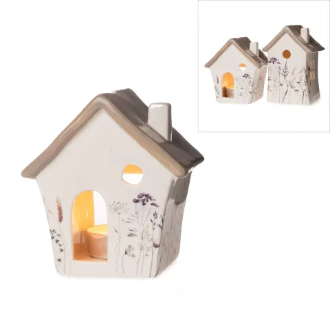 dolomite candle holder, house, white/grey, approx. 10,5 x 8 x 11 cm h, w/shrub printing