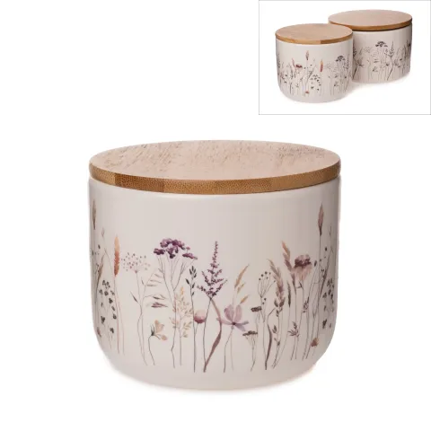 dolomite jar, white, w/shrub printing, w/bamboo lid approx. 10,5 Ø x 9 cm h