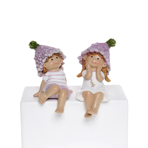 shelf-sitting lavender kids, 2 asstd., white/purple, poly ca. 7 x 7 x 14 cm h