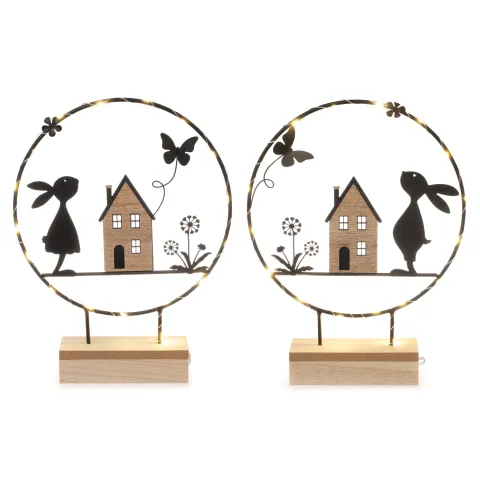 LED ring rabbit w/house, 2 assortd., wooden base, black/nature, ca. 29 cm h, b/o (excl x x xx batter