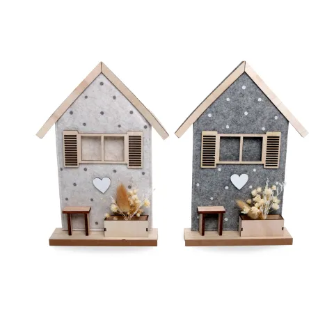 house on base, 2 assortd., felt/MDF, size  18 x 5 x 30 cm h