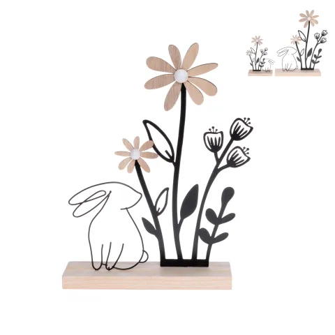 metal wire flower with rabbit on wooden base, black/nature, appr. 19 x 5 x 27 cm