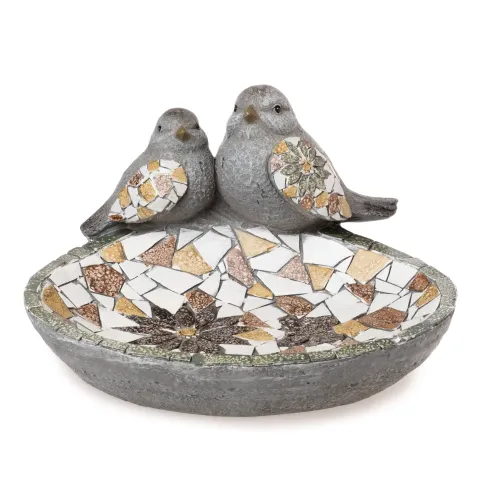 bird bath, w/flower mosaic, cream/green/ochre, magnesia, approx. 31 x 27 x 18 cm h