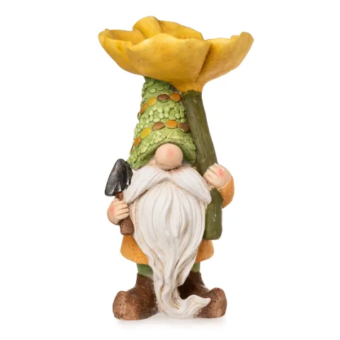 gnome, standing, w/flower bath cream/yellow/green, magnesia, approx. 22 x 21,5 x 42 cm h