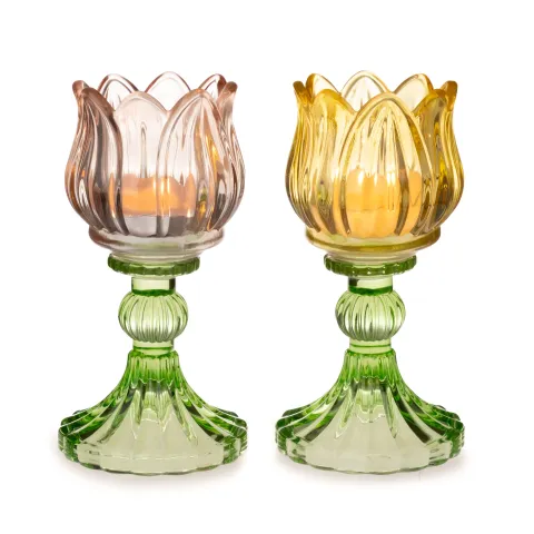 2 asstd. tealight holder 'Tulip Flower' on stand, approx. 8 Ø x 17 cm h yellow/pink, glass