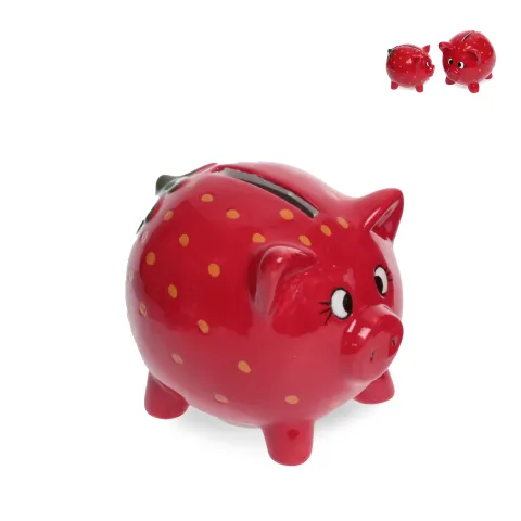 money bank pig 'strawberry' red, dolomite, ca. 10 x 8,5 x 8 cm h, w/white rubber stopper