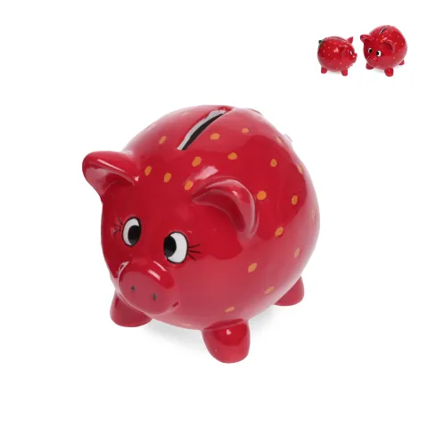 money bank pig 'strawberry' red, dolomite, ca. 12 x 10,5 x 11 cm h, w/white rubber stopper