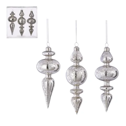 Ornament druppel glas zilver antiek 3 stuks - h17xd6,5cm
